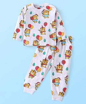 Babyhug Cotton Knit Full Sleeves Night Suit With Tiger Print - Light Grey