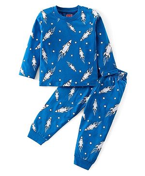 Babyhug Cotton Knit Full Sleeves Night Suit with Rocket & Star Print - Navy Blue