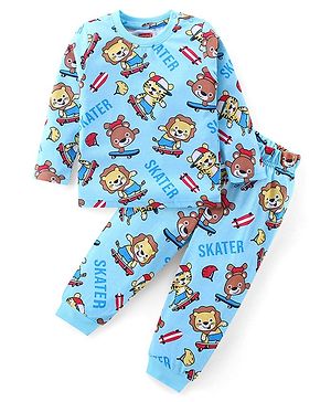 Babyhug Cotton Knit Full Sleeves Night Suit Animal & Text Print - Blue