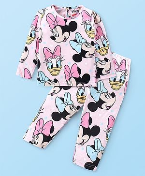 Babyhug Disney Cotton Knit Full Sleeves Night Suit with Minnie Mouse and Friends Print - Pink