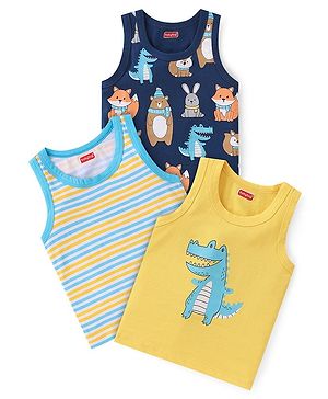 Babyhug 100% Cotton Single Jersey Knit Sleeveless Sandos with Stripes & Dino Print Pack of 3 - Yellow & Blue
