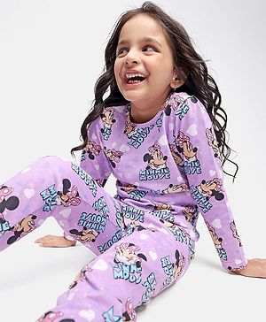 Babyhug Disney Single Jersey Knit Full Sleeves Night Suit with Minnie Mouse Print - Purple