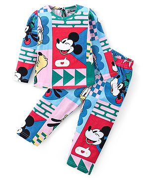 Babyhug Disney Cotton Knit Full Sleeves Night Suit with Mickey Mouse and Friends Print - Multicolor