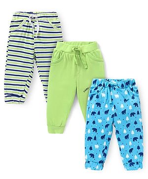 Doodle Poodle Single Jersey Knit Full Length Striped & Polar Bear Printed Leggings Pack of 3 - White Green & Blue