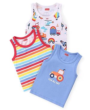 Babyhug 100% Cotton Single Jersey Knit Sleeveless Sandos with Stripes & Vehicle Print Pack of 3 - White & Blue