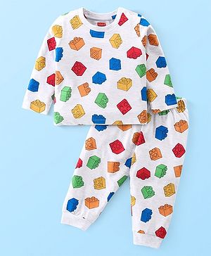 Babyhug Cotton Knit Full Sleeves Night Suit With Building Blocks Print - Light Grey