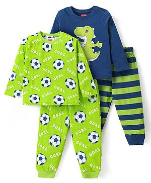 Babyhug Cotton Knit Full Sleeves Night Suits With Football & Dino Print Pack Of 2 - Green & Blue