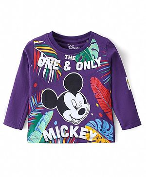 Babyhug Disney Cotton Knit Full Sleeves T-Shirt with Mickey Mouse Print - Lavender