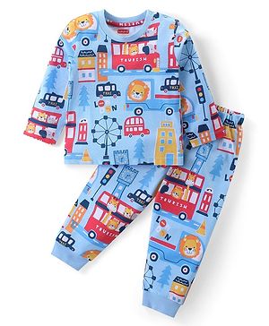 Babyhug Cotton Knit Full Sleeves Night Suit With London City Theme Print - Blue