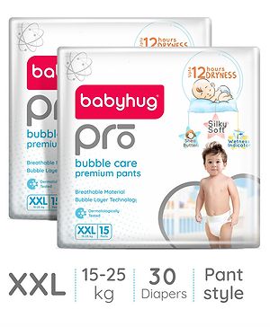 Babyhug Pro Bubble Care Premium Pant Style Diapers Pack of 2 XXL  - 30 Pieces - Extra Extra Large White