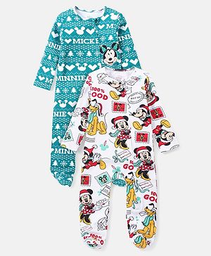 Babyhug Disney Interlock Knit Full Sleeves Footed Sleep Suits with Mickey Mouse Graphics Pack of 2 - Multicolour