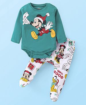 Babyhug Disney Lycra Knit Full Sleeves Onesie with Footed Lounge Pant & Mickey Mouse Graphics - Green & White