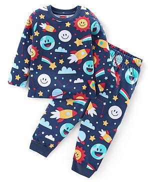 Babyhug Cotton Knit Full Sleeves Night Suit With Rockets Print - Blue