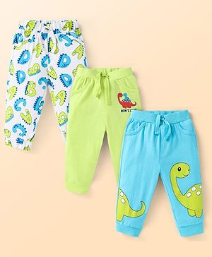 Doodle Poodle Single Jersey Knit Full Length Lounge Pants With Dino Print Pack Of 3 - White Lime & Light Blue