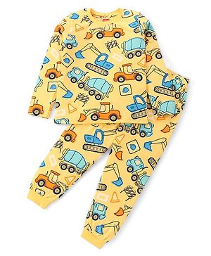 Babyhug Cotton Knit Full Sleeves Night Suit With Cars Print - Yellow