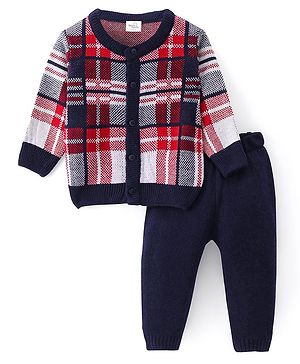 Doodle Poodle Knitted Full Sleeves Front Open Checkered  Sweater Set - Navy Blue & White