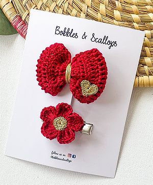 Bobbles & Scallops Set Of 2 Bow & Floral Detailed Crochet Alligator Clips - Red