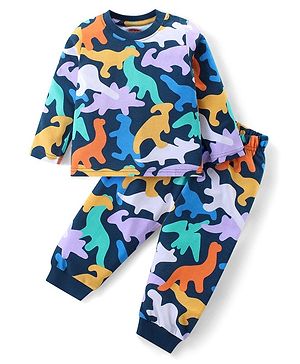 Babyhug Cotton Knit Full Sleeves Night Suit With Dinosaurs Print - Navy