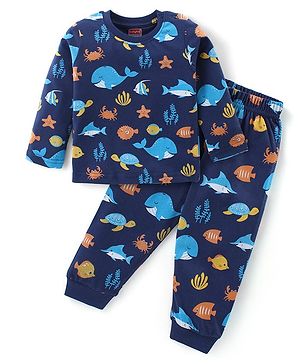 Babyhug Cotton Knit Full Sleeves Night Suit With Sea Life Print - Navy
