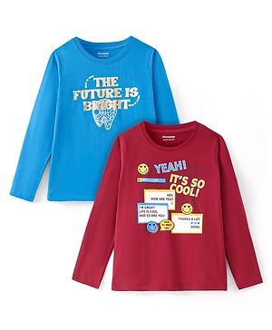 Honeyhap Premium 100% Cotton Knit Full Sleeves Text Printed T-Shirts With Bio Finish Pack of 2 - Blue & Red