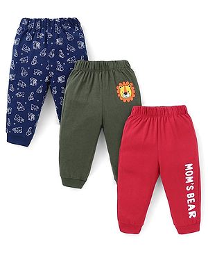 Doodle Poodle Single Jersey Knit Full Length Lounge Pants With Text & Animals Print Pack Of 3 - Navy Red & Olive