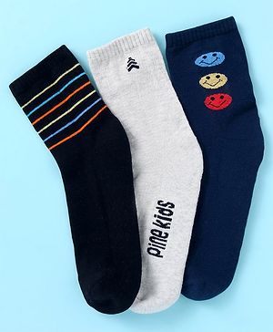 Pine Kids Cotton Nylon Knit Ankle Length Socks Stripes Text Embroidery & Smile Design Pack of 3 - Black & Gray
