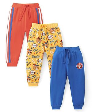 Babyhug Cotton Single Jersey Knit Full Length Bear & Text Printed Lounge Pant Pack of 3 - Red Blue & Yellow