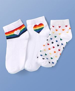 Pine Kids Knit Ankle Length Socks with Heart & Rainbow Design Pack of 3 (Color May Vary)