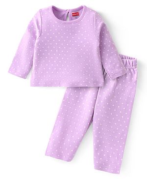 Babyhug Cotton Knit Full Sleeves Night Suit With Polka Dots Print - Lavender