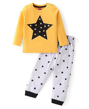 Babyhug Cotton Knit Full Sleeves Night Suit With Stars Print - Yellow & Grey