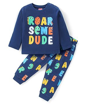 Babyhug Cotton Knit Full Sleeves Night Suit With Text Print - Navy