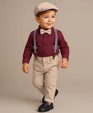 Babyhug Woven Full Sleeves Shirt & Trousers Set with Suspendor Bow & Hat - Maroon & Beige