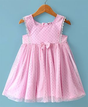Babyhug Woven Sleeveless Glitter Dress with Bow Applique - Pink