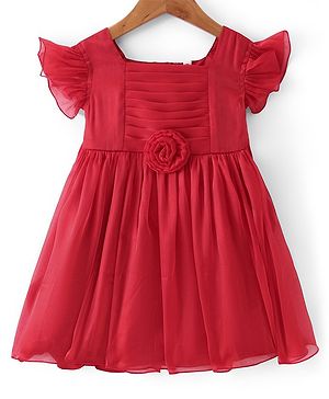 Babyhug Sleeveless  Solid Dress With Ruffles & Flower Applique - Red
