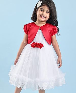 Babyhug Woven Solid Party Dress with Puffed Sleeves Jacket Corsage Applique - Red & White