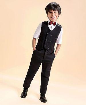 Babyhug Knit Full Sleeves 3 Piece Party Suit With Bow - Black