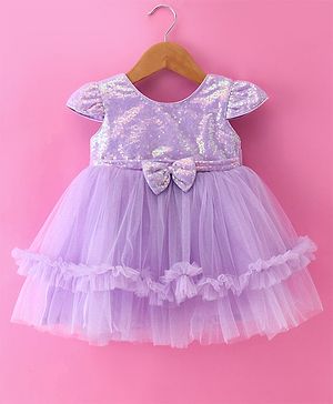 Babyhug Woven Cap Sleeves Glitter Mesh Dress With Bow Applique Sequins & Frill Detailing -  Lavender
