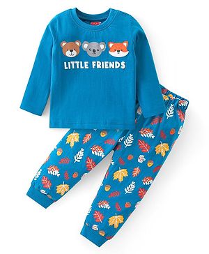 Babyhug Cotton Knit Full Sleeves Night Suit With Animals Print - Blue