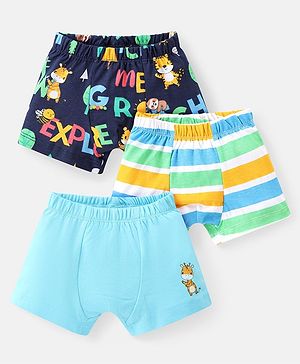Babyhug Cotton Knit Trunks With Stripes & Animal Print Pack of 3 - Blue