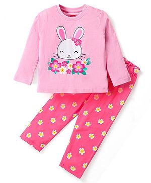 Babyhug Cotton Knit Full Sleeves Night Suit With Bunny & Floral Print - Light Pink