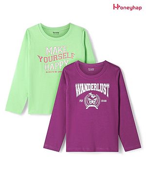 Honeyhap Premium 100% Cotton Knit Full Sleeves Text Printed T-Shirts Pack of 2 - Dark Purple & Green Flash