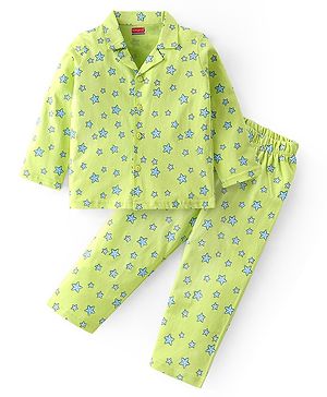 Babyhug Cotton Knit Full Sleeves Front Open Night Suit with Star Print - Green