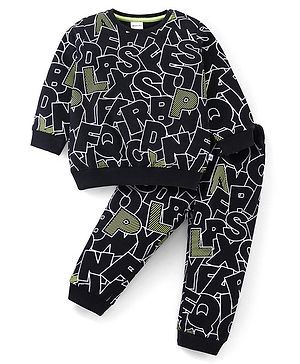 Kookie Kids Terry Knit Full Sleeves Winter Wear Co-Ord Set With Alphabets Print - Black