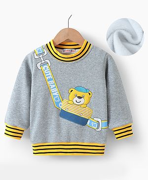 Kookie Kids Full Sleeves Winter T-Shirt With Bear Print - Grey