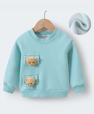 Kookie Kids Full Sleeves Winter T-Shirt With Teddy Applique - Teal Blue