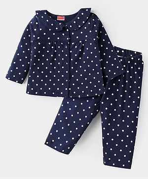 Babyhug Cotton Knit Full Sleeves Front Open Night Suit With Peter  Pan Collar & Polka Dots Print  - Navy Blue