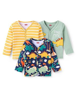 Babyhug 100% Cotton Knit Full Sleeves Front Open Vests with Stripes & Dino Print Pack of 3 - Yellow Green & Blue