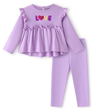 Bonfino 100% Cotton Full Sleeves Frill Detailed Top & Leggings Set With Text Applique - Lilac