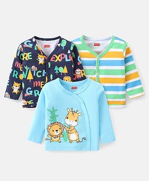 Babyhug 100% Cotton Full Sleeves Front Open Vests With Stripes & Animal Print Pack of 3 - Blue & Yellow