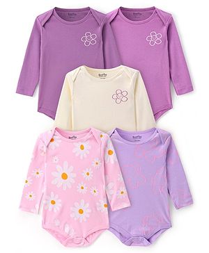 Bonfino 100% Cotton Knit Full Sleeves Onesies with Floral Print Pack of 5 - Pink Purple & White